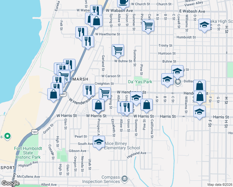 map of restaurants, bars, coffee shops, grocery stores, and more near 423 West Creighton Street in Eureka