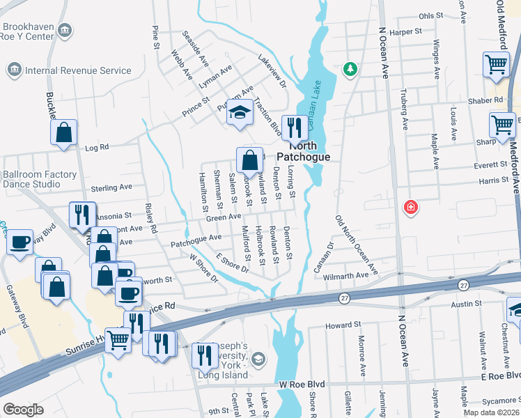map of restaurants, bars, coffee shops, grocery stores, and more near 54 Rowland Street in Patchogue