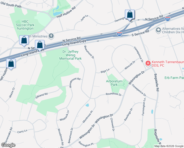 map of restaurants, bars, coffee shops, grocery stores, and more near 23 Roundtree Drive in Melville