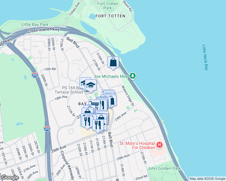 map of restaurants, bars, coffee shops, grocery stores, and more near 18-39 215th Street in Queens