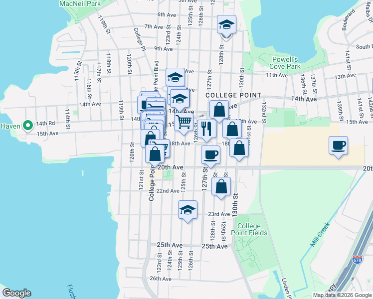 map of restaurants, bars, coffee shops, grocery stores, and more near 1542 125th Street in Queens