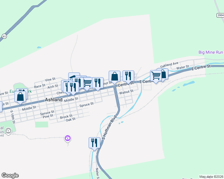map of restaurants, bars, coffee shops, grocery stores, and more near 331 Centre Street in Ashland