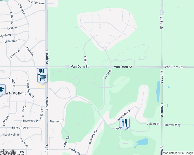 map of restaurants, bars, coffee shops, grocery stores, and more near 8935 Birdie Run in Lincoln