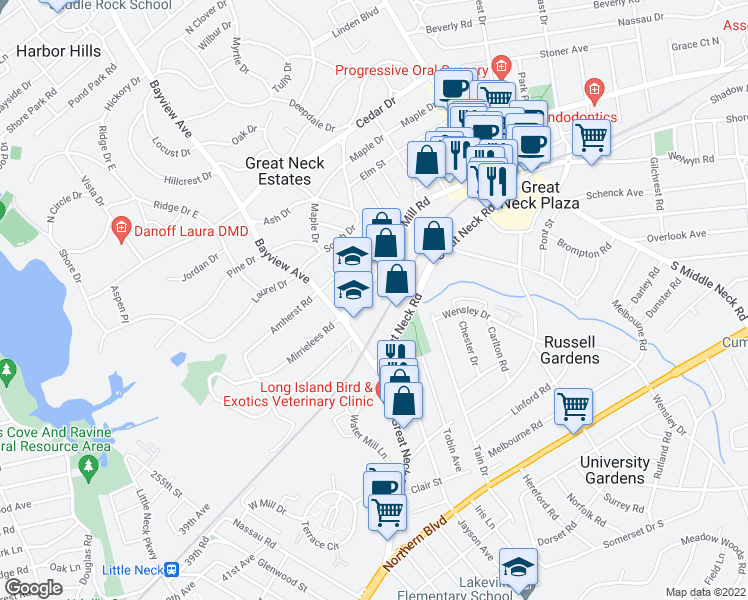 map of restaurants, bars, coffee shops, grocery stores, and more near 98 Cuttermill Road in Great Neck Plaza