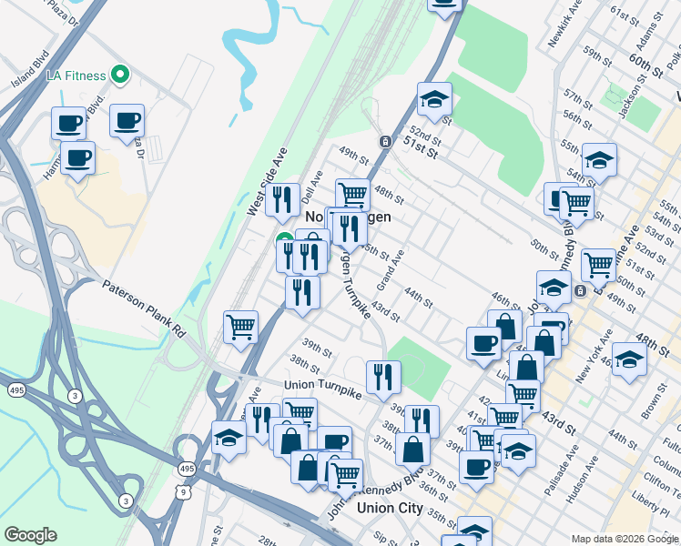 map of restaurants, bars, coffee shops, grocery stores, and more near 1821 44th Street in North Bergen