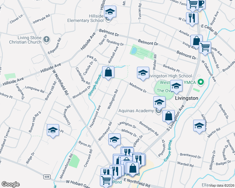map of restaurants, bars, coffee shops, grocery stores, and more near 47 Wellington Road in Livingston