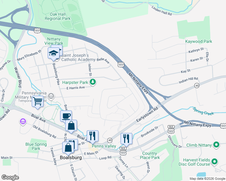 map of restaurants, bars, coffee shops, grocery stores, and more near 300-346 Kimport Avenue in Boalsburg