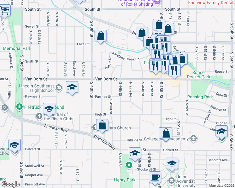 map of restaurants, bars, coffee shops, grocery stores, and more near 2905 South 44th Street in Lincoln