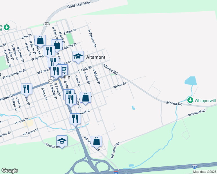 map of restaurants, bars, coffee shops, grocery stores, and more near 258 South Spencer Street in Frackville