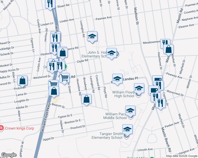 map of restaurants, bars, coffee shops, grocery stores, and more near 221 Floyd Road in Shirley