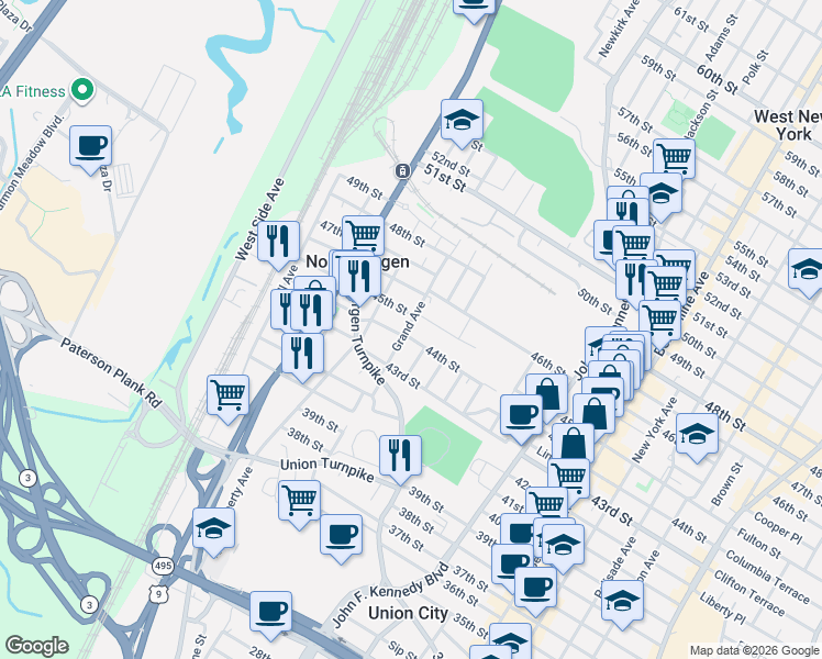 map of restaurants, bars, coffee shops, grocery stores, and more near 1500 45th Street in North Bergen