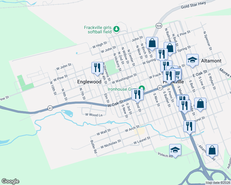 map of restaurants, bars, coffee shops, grocery stores, and more near 423 West Frack Street in Frackville