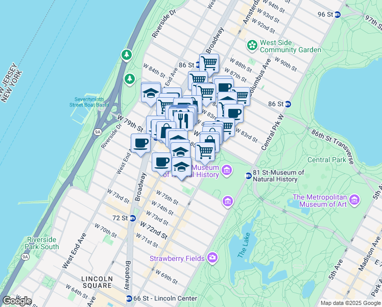 map of restaurants, bars, coffee shops, grocery stores, and more near 163 West 80th Street in New York
