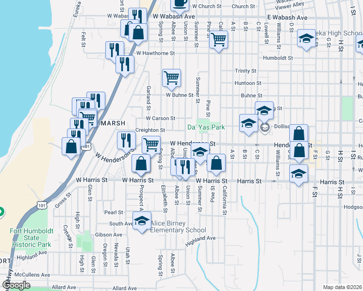 map of restaurants, bars, coffee shops, grocery stores, and more near 423 West Creighton Street in Eureka