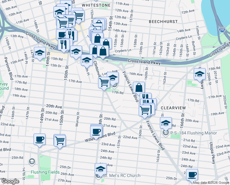 map of restaurants, bars, coffee shops, grocery stores, and more near 16-64 155th Street in Queens