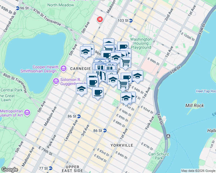 map of restaurants, bars, coffee shops, grocery stores, and more near 176 East 93rd Street in New York