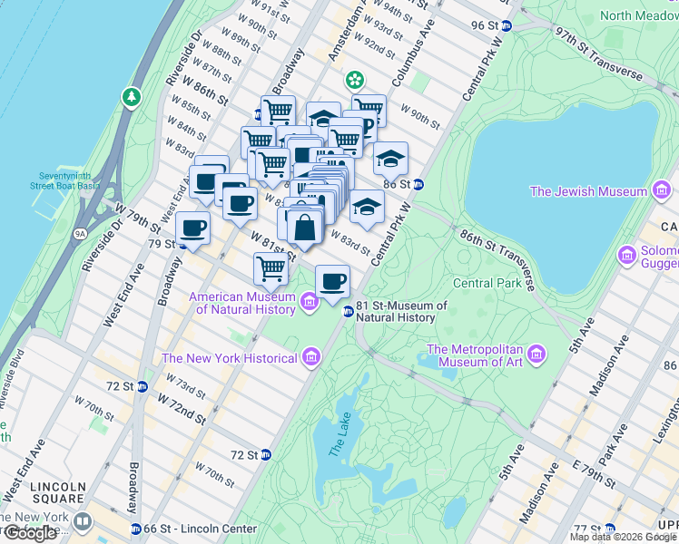 map of restaurants, bars, coffee shops, grocery stores, and more near 31 West 82nd Street in New York