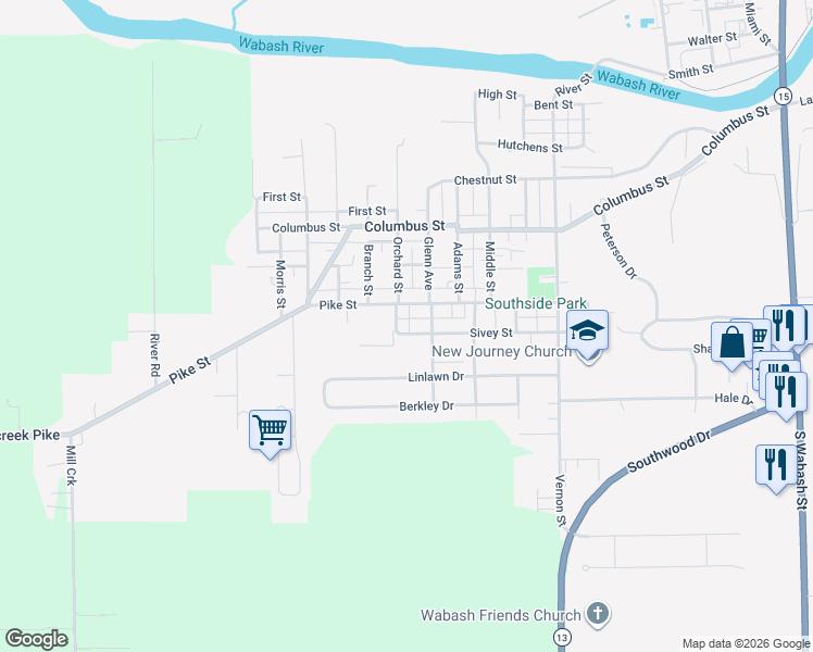 map of restaurants, bars, coffee shops, grocery stores, and more near 919 Pike Street in Wabash