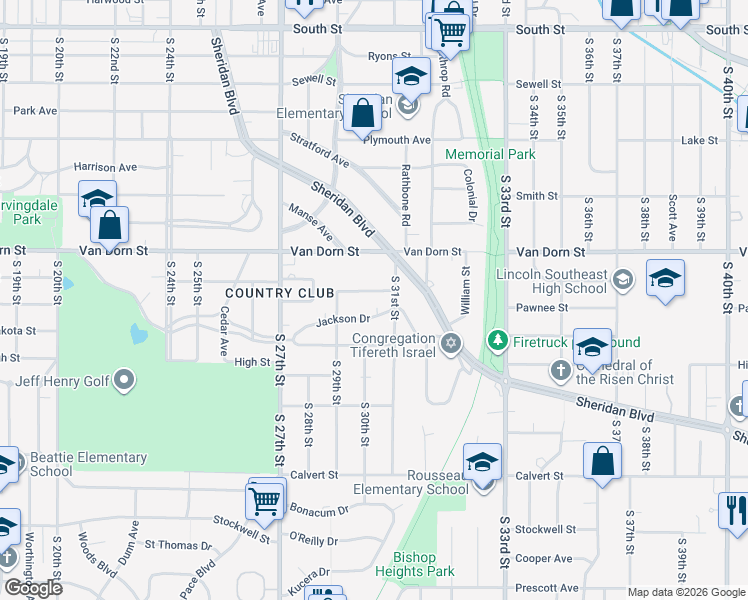 map of restaurants, bars, coffee shops, grocery stores, and more near 2835 South 31st Street in Lincoln