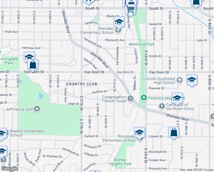 map of restaurants, bars, coffee shops, grocery stores, and more near 2835 South 31st Street in Lincoln