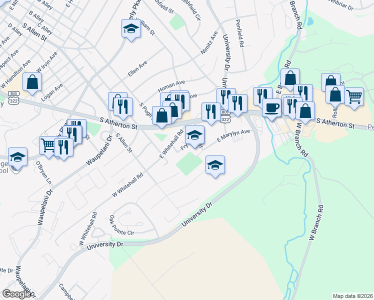 map of restaurants, bars, coffee shops, grocery stores, and more near 308 East Whitehall Road in State College