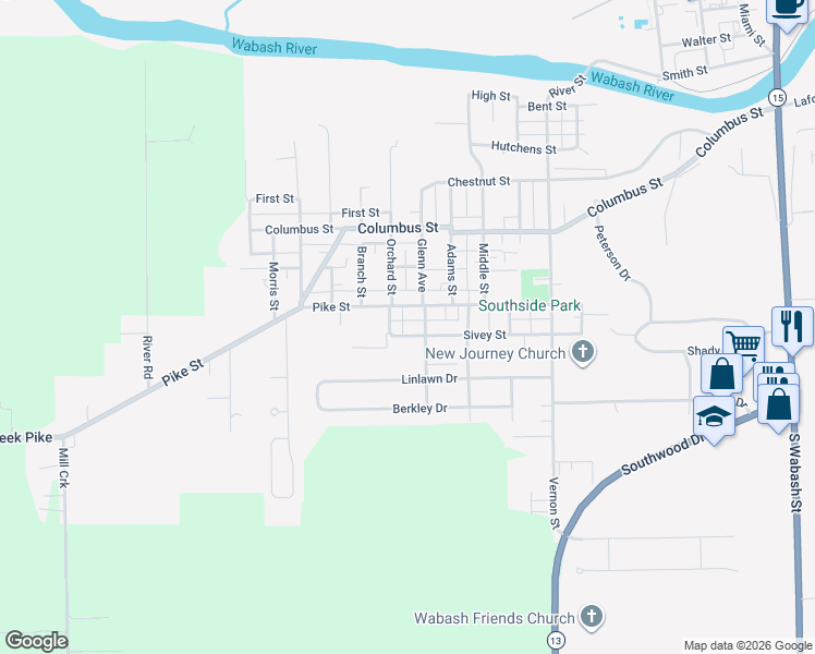 map of restaurants, bars, coffee shops, grocery stores, and more near 919 Pike Street in Wabash