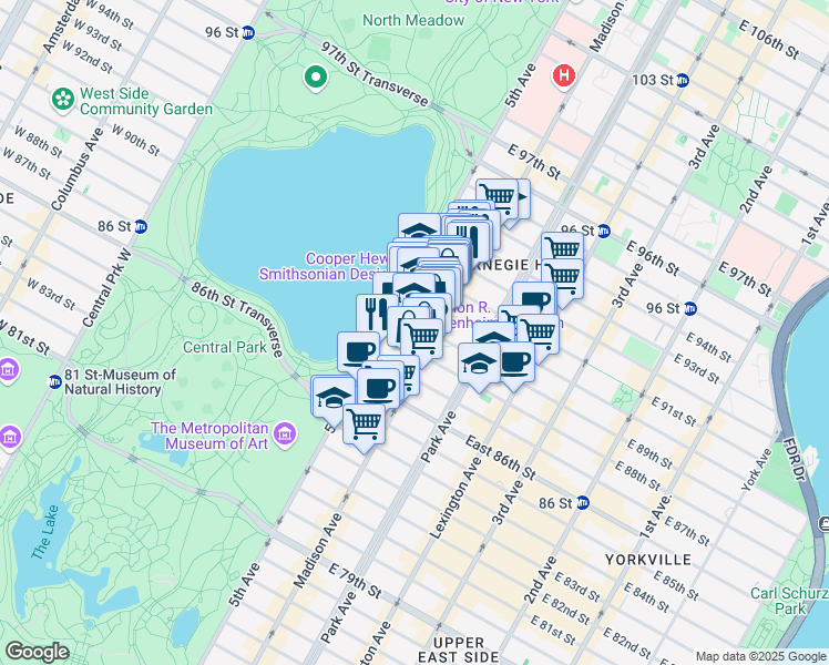 map of restaurants, bars, coffee shops, grocery stores, and more near 12 East 89th Street in New York