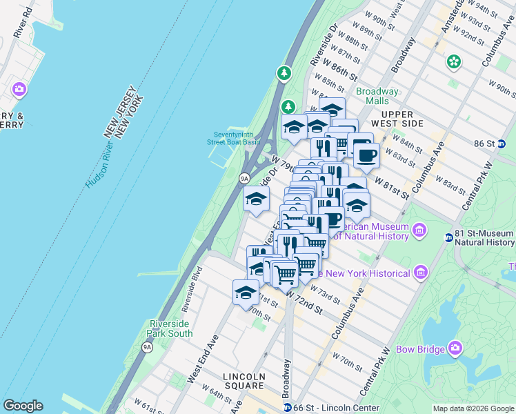 map of restaurants, bars, coffee shops, grocery stores, and more near 40 Riverside Drive in New York