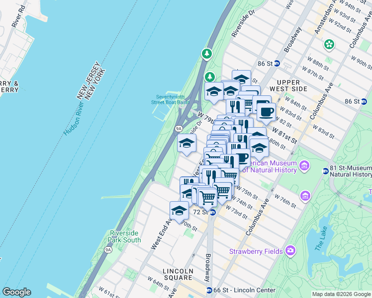map of restaurants, bars, coffee shops, grocery stores, and more near 37 Riverside Drive in New York