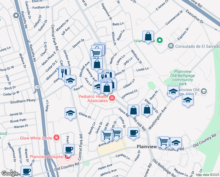 map of restaurants, bars, coffee shops, grocery stores, and more near 132 Manetto Hill Road in Plainview