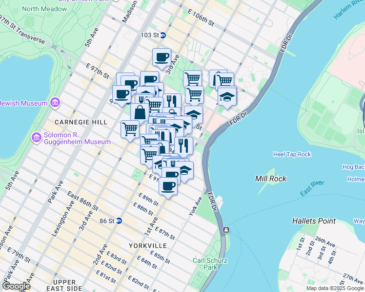 map of restaurants, bars, coffee shops, grocery stores, and more near 330 East 95th Street in New York