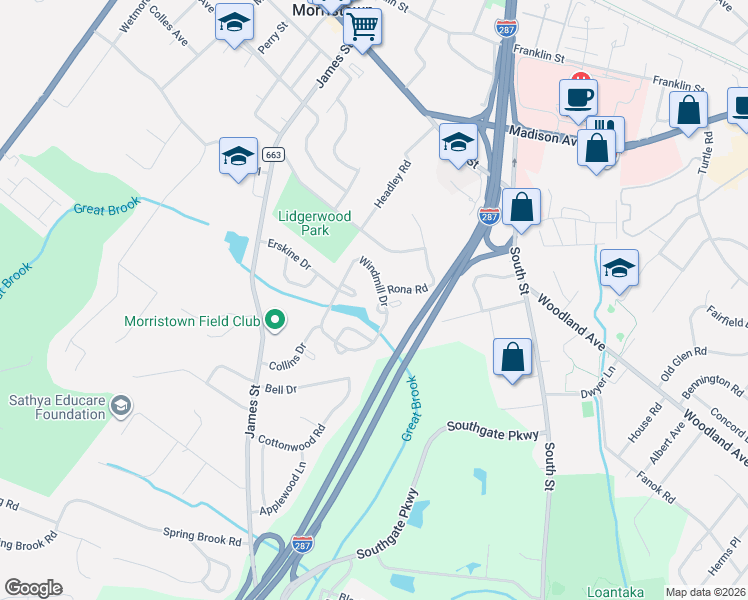 map of restaurants, bars, coffee shops, grocery stores, and more near 9 Jenni Lane in Morristown