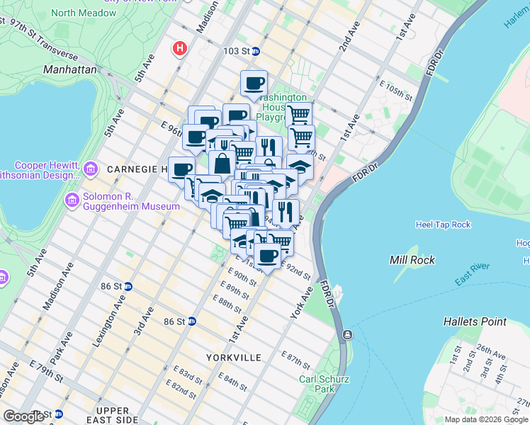 map of restaurants, bars, coffee shops, grocery stores, and more near 305 East 94th Street in New York