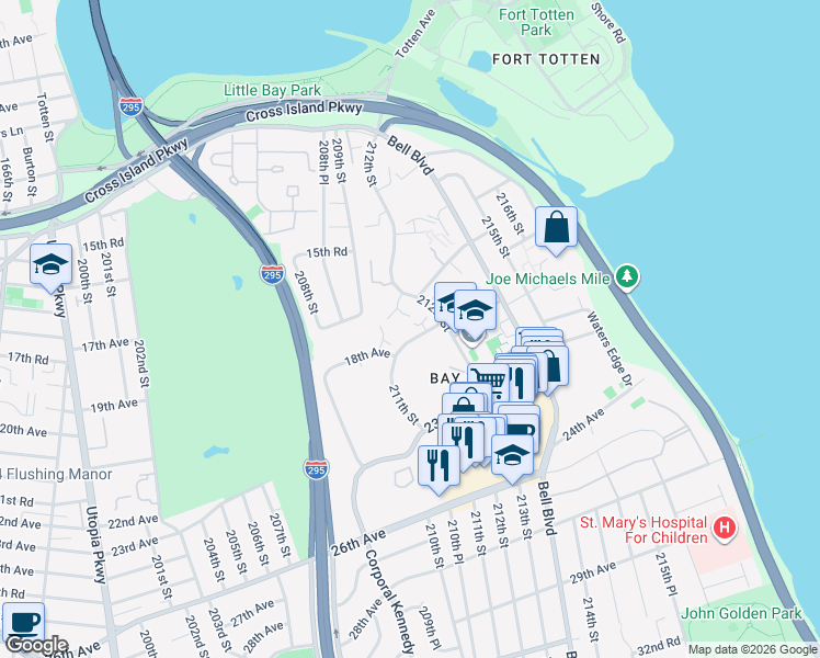map of restaurants, bars, coffee shops, grocery stores, and more near 16-34 212th Street in Queens