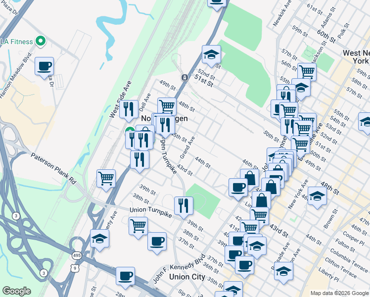 map of restaurants, bars, coffee shops, grocery stores, and more near 1500 45th Street in North Bergen