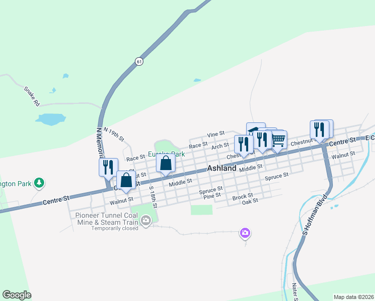 map of restaurants, bars, coffee shops, grocery stores, and more near 1321 Race Street in Ashland