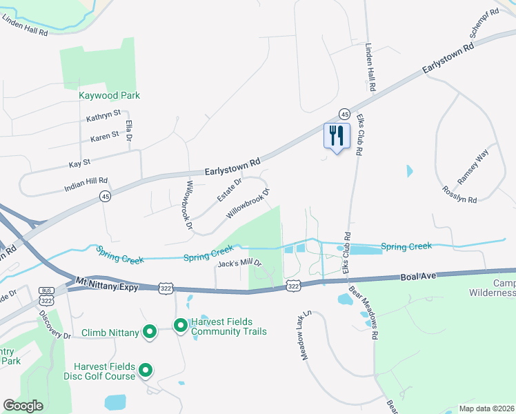 map of restaurants, bars, coffee shops, grocery stores, and more near 1431-1433 Estate Drive in Boalsburg