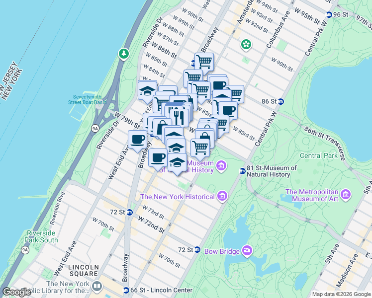 map of restaurants, bars, coffee shops, grocery stores, and more near 147 West 79th Street in New York