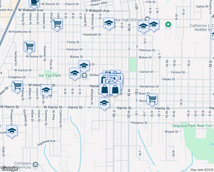 map of restaurants, bars, coffee shops, grocery stores, and more near Henderson Street & E Street in Eureka
