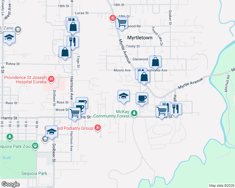 map of restaurants, bars, coffee shops, grocery stores, and more near 2690 O'Neil Lane in Eureka