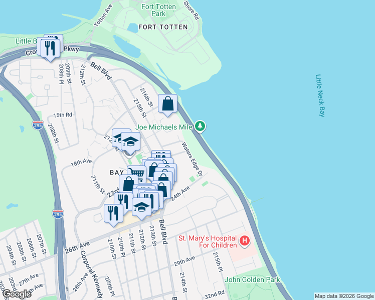 map of restaurants, bars, coffee shops, grocery stores, and more near 23-6 Waters Edge Drive in Queens
