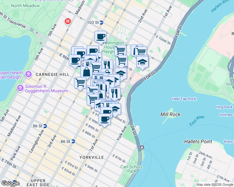 map of restaurants, bars, coffee shops, grocery stores, and more near 334 East 96th Street in New York