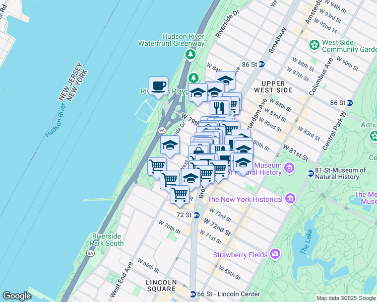 map of restaurants, bars, coffee shops, grocery stores, and more near 321 West 77th Street in New York