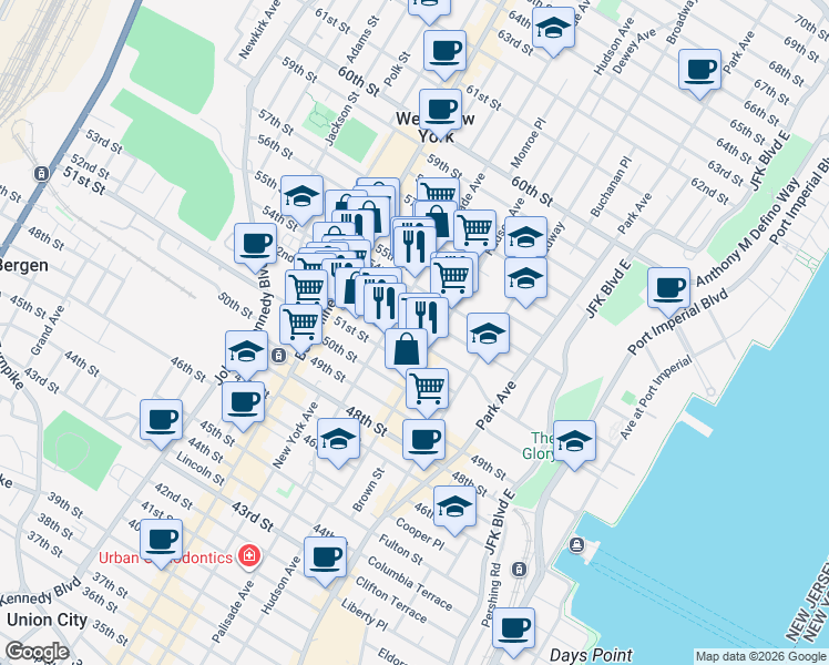 map of restaurants, bars, coffee shops, grocery stores, and more near in West New York