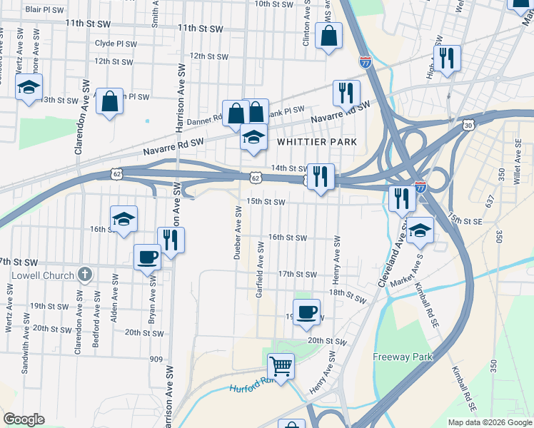 map of restaurants, bars, coffee shops, grocery stores, and more near 1448 Garfield Avenue Southwest in Canton