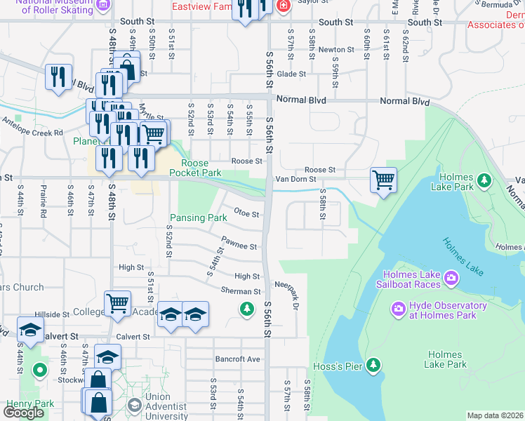 map of restaurants, bars, coffee shops, grocery stores, and more near 5501 Van Dorn Street in Lincoln