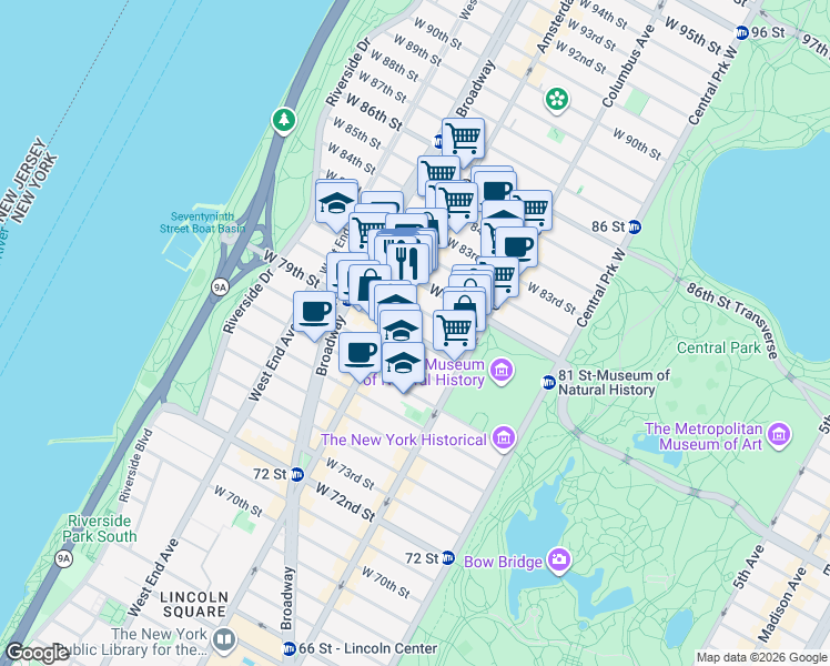 map of restaurants, bars, coffee shops, grocery stores, and more near 135 West 79th Street in New York