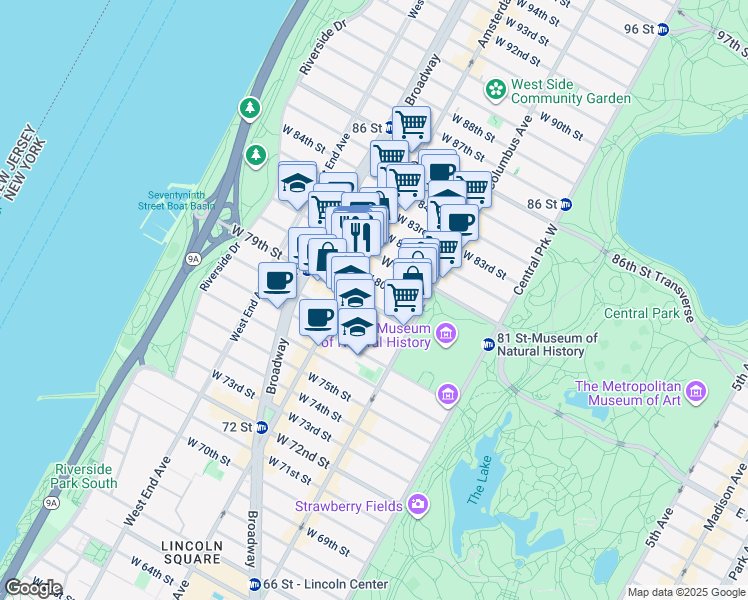 map of restaurants, bars, coffee shops, grocery stores, and more near 149 West 79th Street in New York