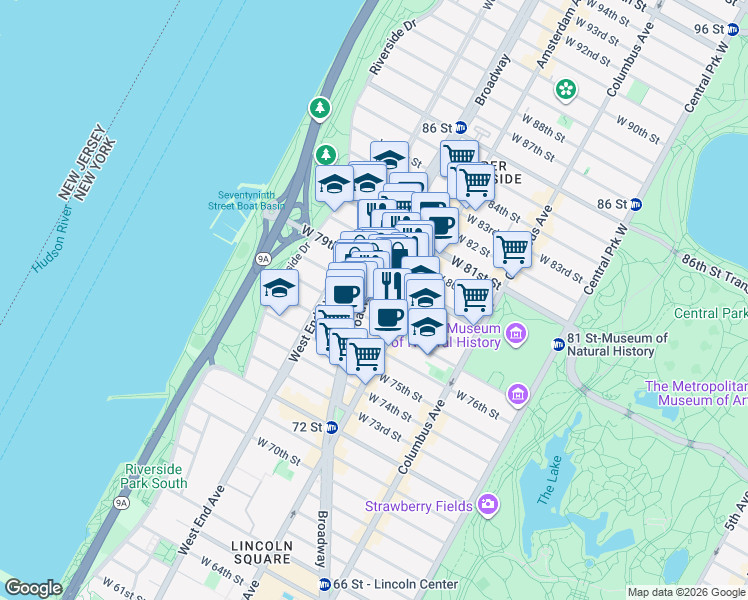 map of restaurants, bars, coffee shops, grocery stores, and more near 230 West 78th Street in New York