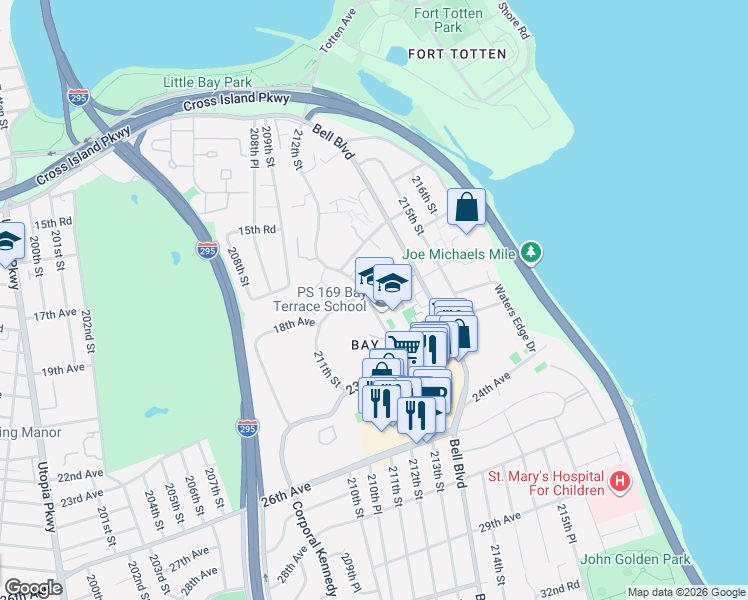 map of restaurants, bars, coffee shops, grocery stores, and more near 16-57 212th Street in Queens